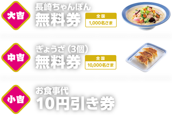 大吉：長崎ちゃんぽん無料券、中吉：ぎょうざ（3個）無料券、小吉：お食事代10円引き券